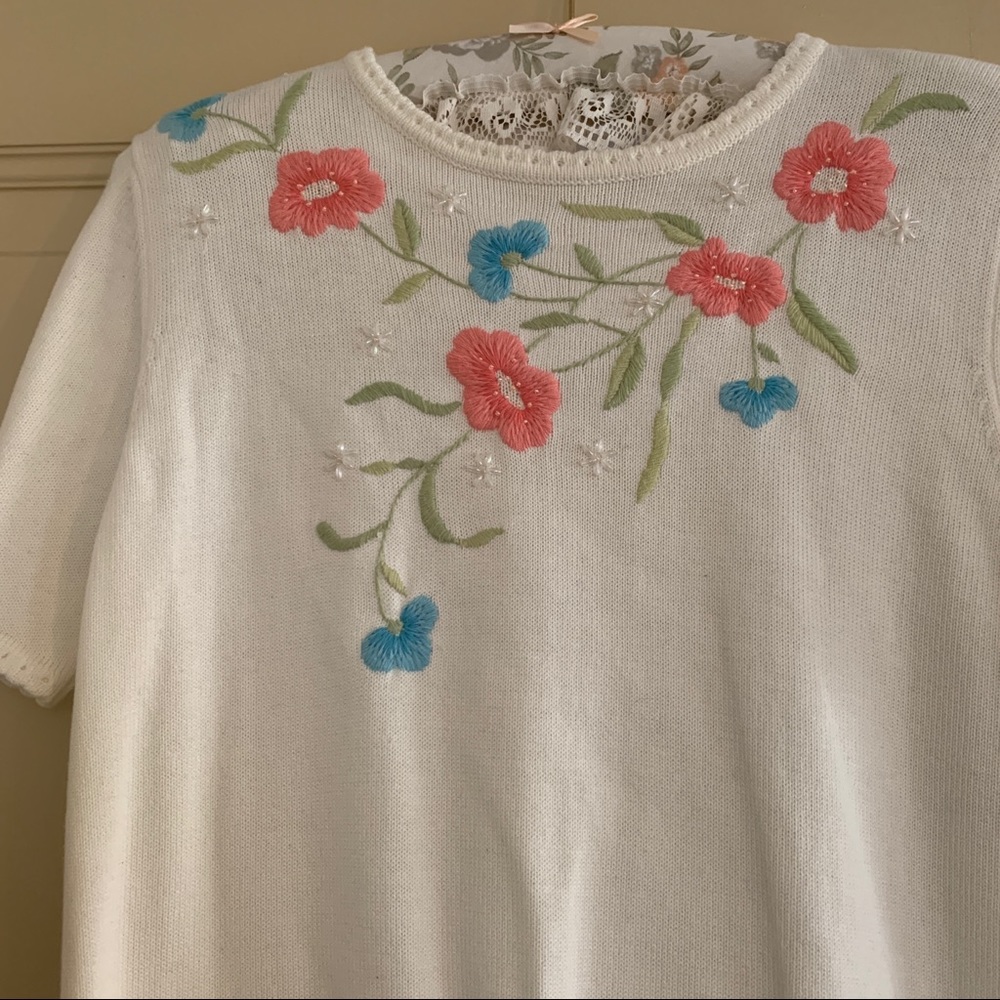 Vintage Cream Short Sleeve Cottagecore Floral Sweater SZ M - Picture 5 of 16